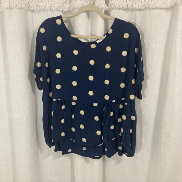 blu pepper preppy girly navy/cream top with embroidered polka dots peplum size L - Picture 1 of 7